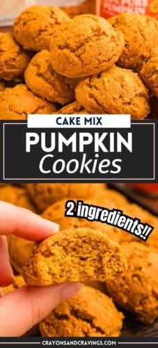 Top: a pile of pumpkin cookies. Bottom: a hand holding a bitten cookie. Overlay text: Cake Mix Pumpkin Cookies, 2 ingredients!! and CRAYONSANDCRAVINGS.COM.