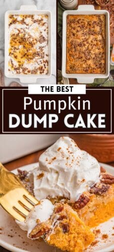 Top: melted butter over dry cake mix, and the baked cake in a white dish. Bottom: a forkful with whipped cream. Overlay text: The Best Pumpkin Dump Cake.