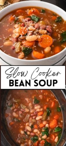 Top: a white bowl of bean soup with Parmesan. Bottom: the same soup in a slow cooker. Overlay text: Slow Cooker Bean Soup.