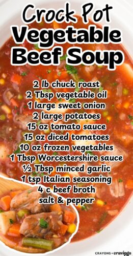 A crockpot of vegetable beef soup with the ingredient list over it and a spoonful inset at the bottom. Overlay text: Crock Pot Vegetable Beef Soup.