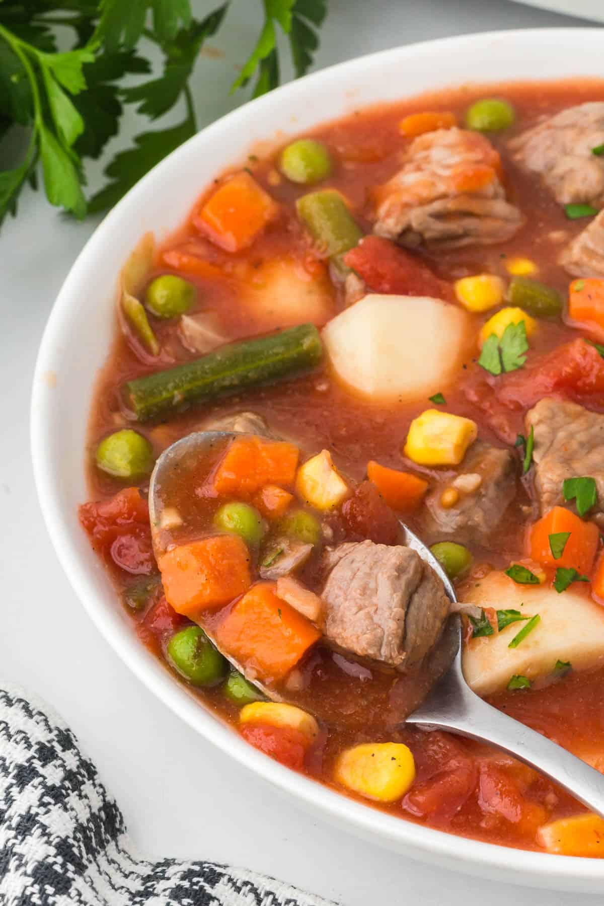 A bowl of vegetable beef soup with a spoon resting in it.
