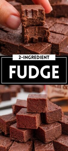 Top: a hand holding a piece of fudge with a bite taken out. Bottom: a stack of chocolate fudge squares. Overlay text: 2-Ingredient Fudge.