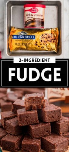Top: a tub of chocolate frosting and a bag of semi-sweet chocolate chips in a square pan. Bottom: a stack of chocolate fudge squares. Overlay text: 2-Ingredient Fudge.