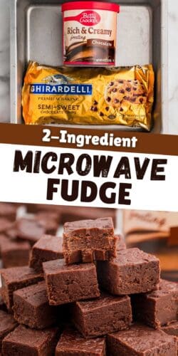Top: a tub of chocolate frosting and a bag of semi-sweet chocolate chips in a square pan. Bottom: a stack of chocolate fudge squares. Overlay text: 2-Ingredient Microwave Fudge.