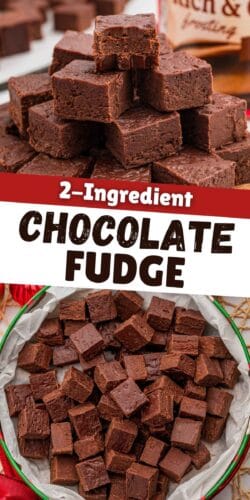 Top: a stack of chocolate fudge squares. Bottom: overhead view of fudge squares in a tin lined with parchment paper. Overlay text: 2-Ingredient Chocolate Fudge.