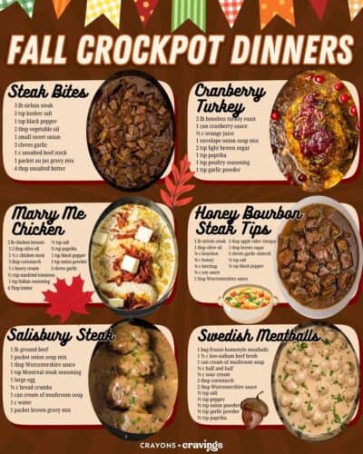 Six crockpot dinners with ingredient lists: steak bites, cranberry turkey, marry me chicken, honey bourbon steak tips, Salisbury steak, and Swedish meatballs. Overlay text: Fall Crockpot Dinners.