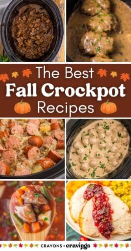 Top: steak bites and Salisbury steaks in slow cookers. Bottom: kielbasa and sauerkraut, Swedish meatballs, vegetable beef soup on a spoon, and turkey with cranberry sauce. Overlay text: The Best Fall Crockpot Recipes.