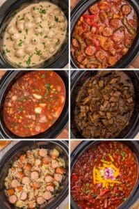 Six fall crockpot recipes in slow cookers: Swedish meatballs, sausage and peppers, vegetable beef soup, steak bites, kielbasa with sauerkraut, and chili topped with cheddar.