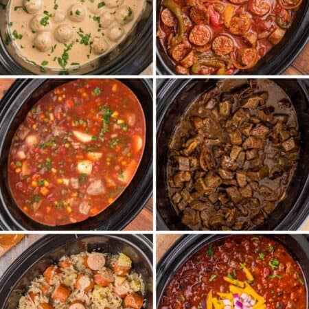 Six fall crockpot recipes in slow cookers: Swedish meatballs, sausage and peppers, vegetable beef soup, steak bites, kielbasa with sauerkraut, and chili topped with cheddar.