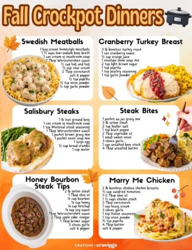 Six crockpot dinners with ingredient lists: steak bites, cranberry turkey, marry me chicken, honey bourbon steak tips, Salisbury steak, and Swedish meatballs. Overlay text: Fall Crockpot Dinners.