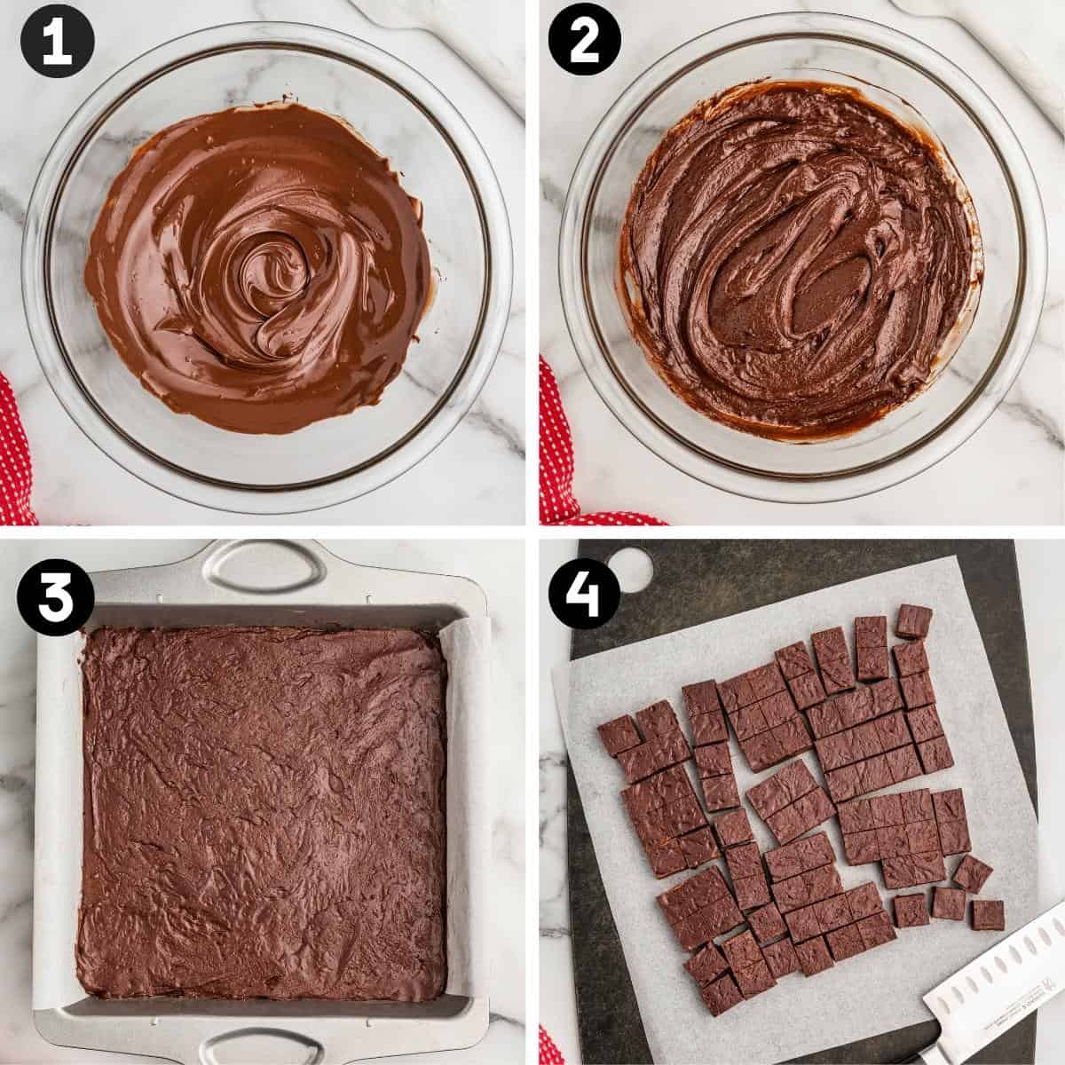 Four-step collage: 1) melted chocolate chips swirled in a glass bowl, 2) chocolate frosting stirred into the melted chocolate, 3) fudge mixture spread in a parchment-lined square pan, 4) fudge cut into squares on parchment paper with a knife beside it.