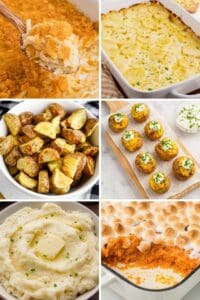 Six potato sides in a grid: cheesy potatoes with corn flakes, scalloped potatoes, air fryer roasted potatoes, mini loaded potatoes, mashed potatoes with butter, and sweet potato casserole with marshmallows.