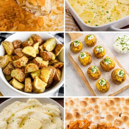 Six potato sides in a grid: cheesy potatoes with corn flakes, scalloped potatoes, air fryer roasted potatoes, mini loaded potatoes, mashed potatoes with butter, and sweet potato casserole with marshmallows.
