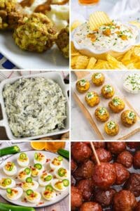 A collage of Thanksgiving appetizers: turkey and stuffing balls, French onion dip with chips, spinach artichoke dip, mini twice baked potatoes, deviled eggs, and grape jelly meatballs.