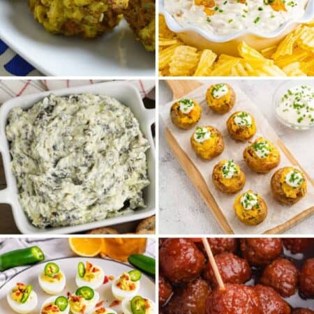A collage of Thanksgiving appetizers: turkey and stuffing balls, French onion dip with chips, spinach artichoke dip, mini twice baked potatoes, deviled eggs, and grape jelly meatballs.